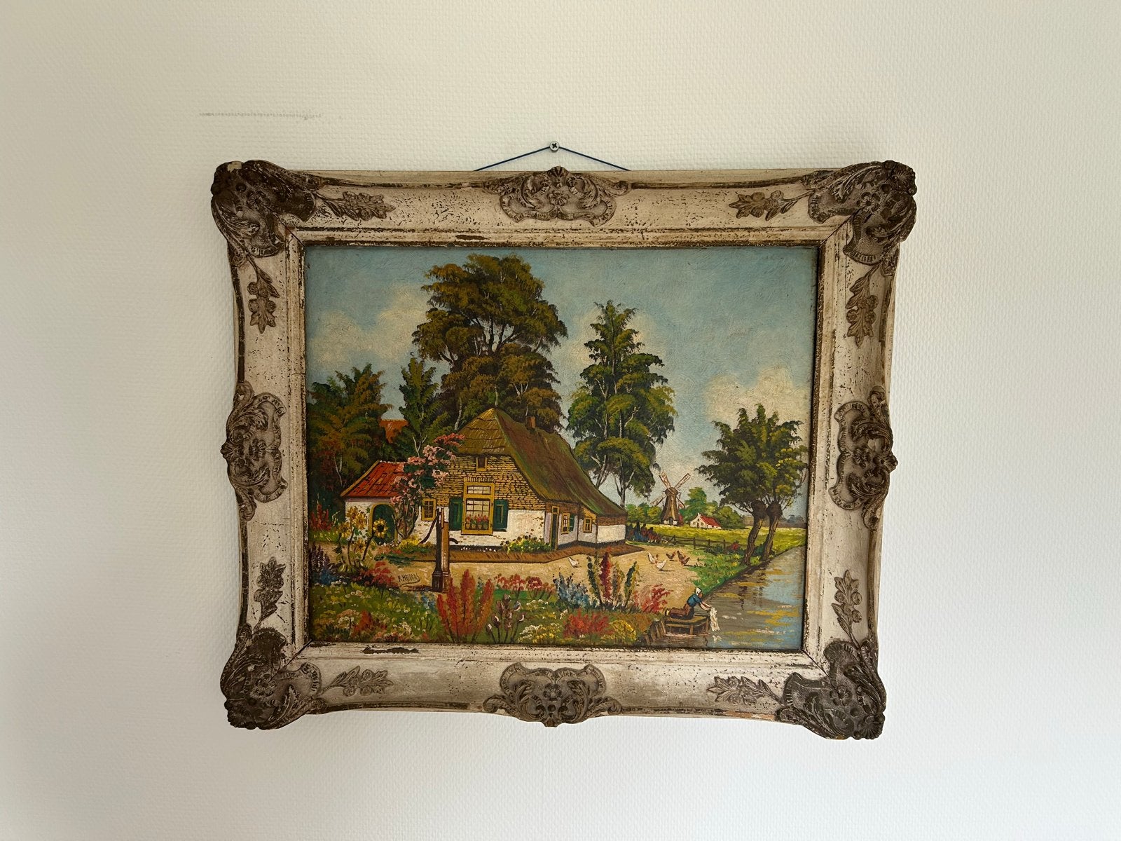 Schilderij van landschap met boerderij en molen, Ophalen, Doek, Realistisch, Landschap