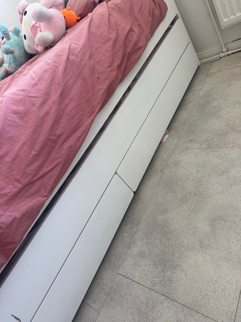 IKEA SLÄKT bedframe met onderbed en opberger, wit, 90x200 cm, Huis en Inrichting, Gebruikt, 90 cm, Eenpersoons, Wit
