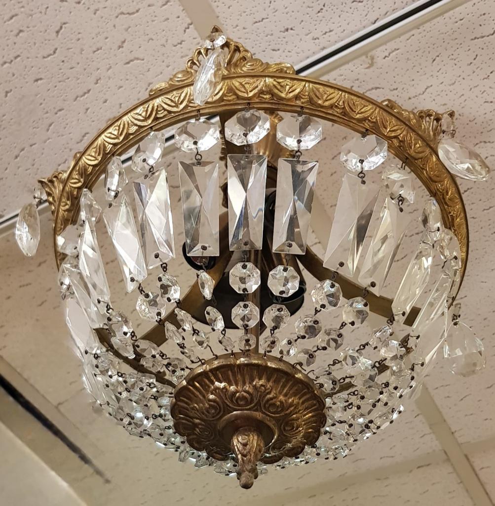 Vintage brons messing Kristallen Plafondlamp - Goudkleurig, Antiek en Kunst, Antiek | Lampen, Ophalen of Verzenden