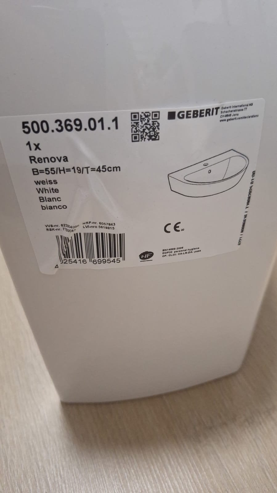 Nieuwe Geberit Renova wasbak - Wit (55x19x45cm), Ophalen, Nieuw, Wastafel