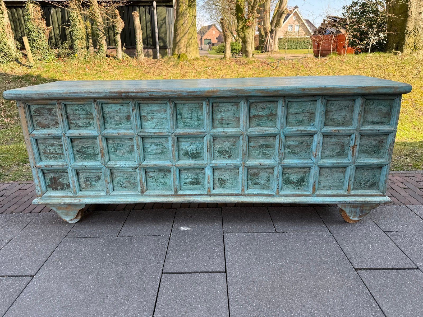 Boho dekenkist / opbergkist van hout in turquoise