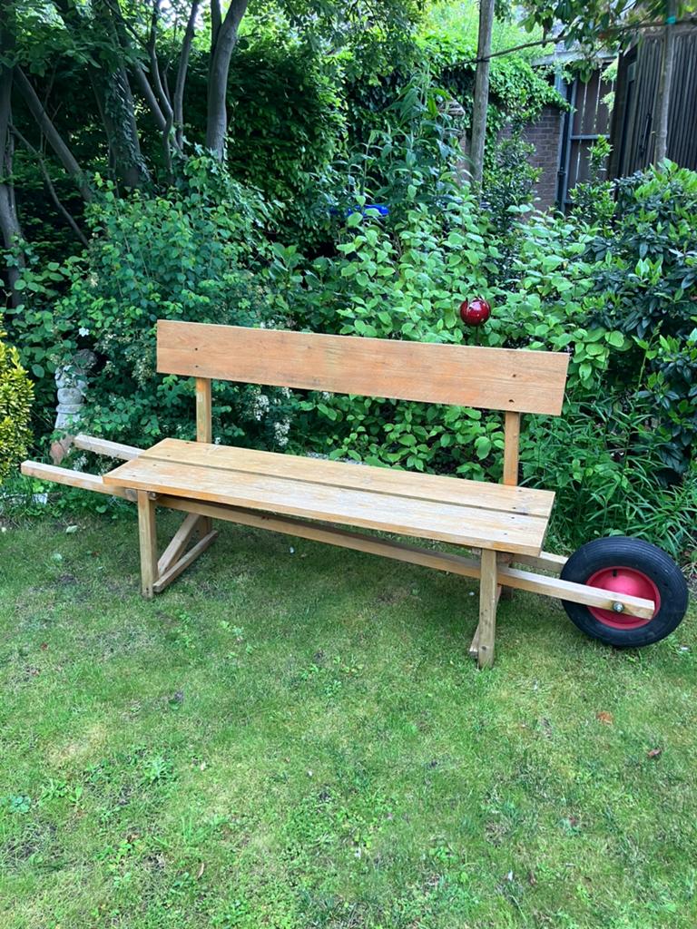 Unieke houten kruiwagenbank voor de tuin, Ophalen, Gebruikt, Hout