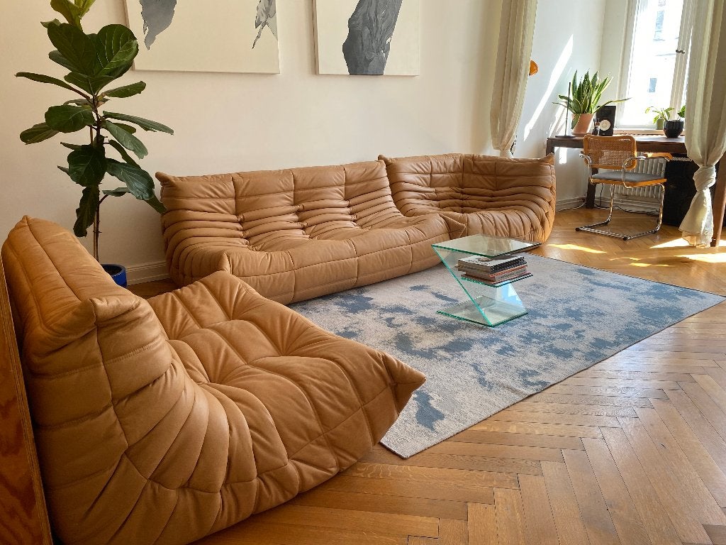 Ligne Roset Togo Bank Set - Camel Bruin Leer Gratis Levering, 150 tot 200 cm, Hoekbank, Leer, Zo goed als nieuw