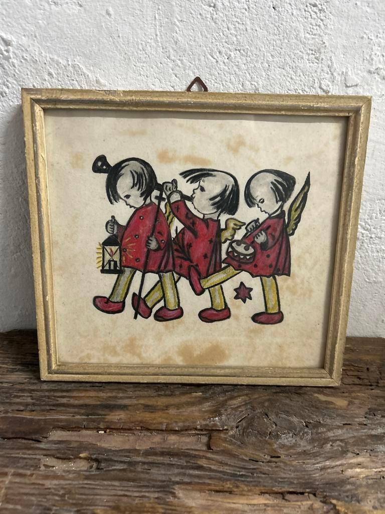 Vintage Kerst Engeltjes Prent in Houten Lijst, Ophalen of Verzenden