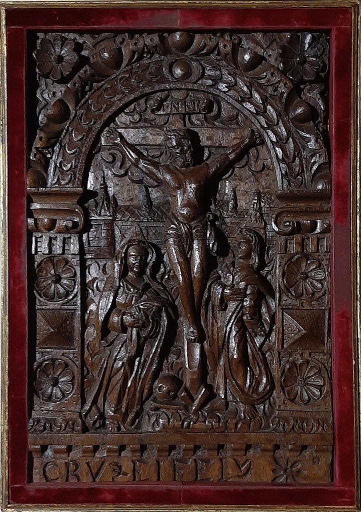 Eiken paneel Kruisiging Jezus van Nazareth 17e eeuw., Antiek en Kunst, Ophalen of Verzenden, Hout, Houtsnijwerk, Religie