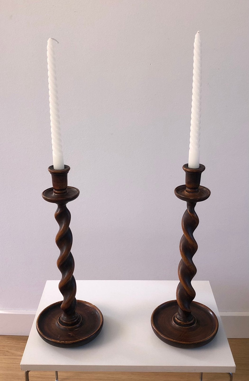 Prachtige Set Antieke Houten Kandelaars Engelse Barley Twist, Ophalen of Verzenden, Overige materialen