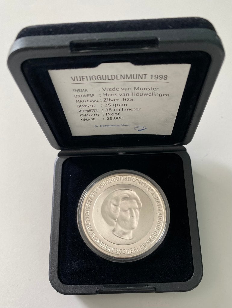 Zilveren 50 Gulden Munt 1998 - Vrede van Munster - PROOF, Postzegels en Munten, Munten | Nederland, Ophalen of Verzenden, Koningin Beatrix