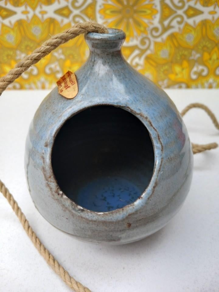 Vintage blauwe keramieken hangbloempot Jan de Graaf, Antiek en Kunst, Ophalen of Verzenden