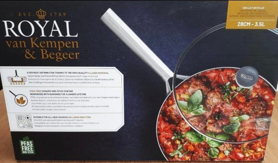 Royal van Kempen & Begeer Skillet met deksel 28cm, Antiaanbaklaag, Nieuw, Ophalen of Verzenden, Overige merken