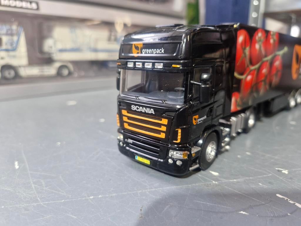 Scania topline met kastentrailer wsi greenpack, Hobby en Vrije tijd, Modelauto's | 1:50, Ophalen of Verzenden, Zo goed als nieuw