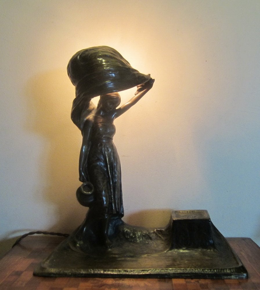 Antieke art nouveau lamp, brons, bureaulamp Peter Tereszczuk, Verzenden, Art nouveau, Brons, Gemerkt