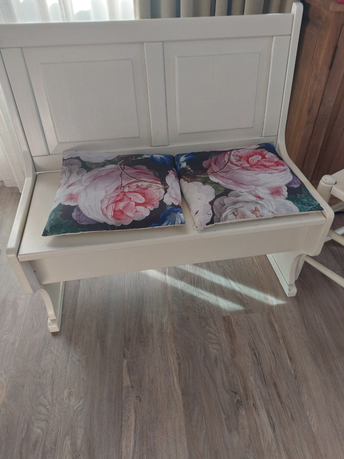 moet vrijdag weg. gratis Set van klepbank en 4 witte houten, Huis en Inrichting, Ophalen, Gebruikt, Wit, Landelijke, Brocante