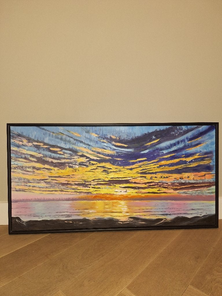 Ondergaande zon in de zee - acryl op canvas - 50x100cm, Antiek en Kunst, Ophalen