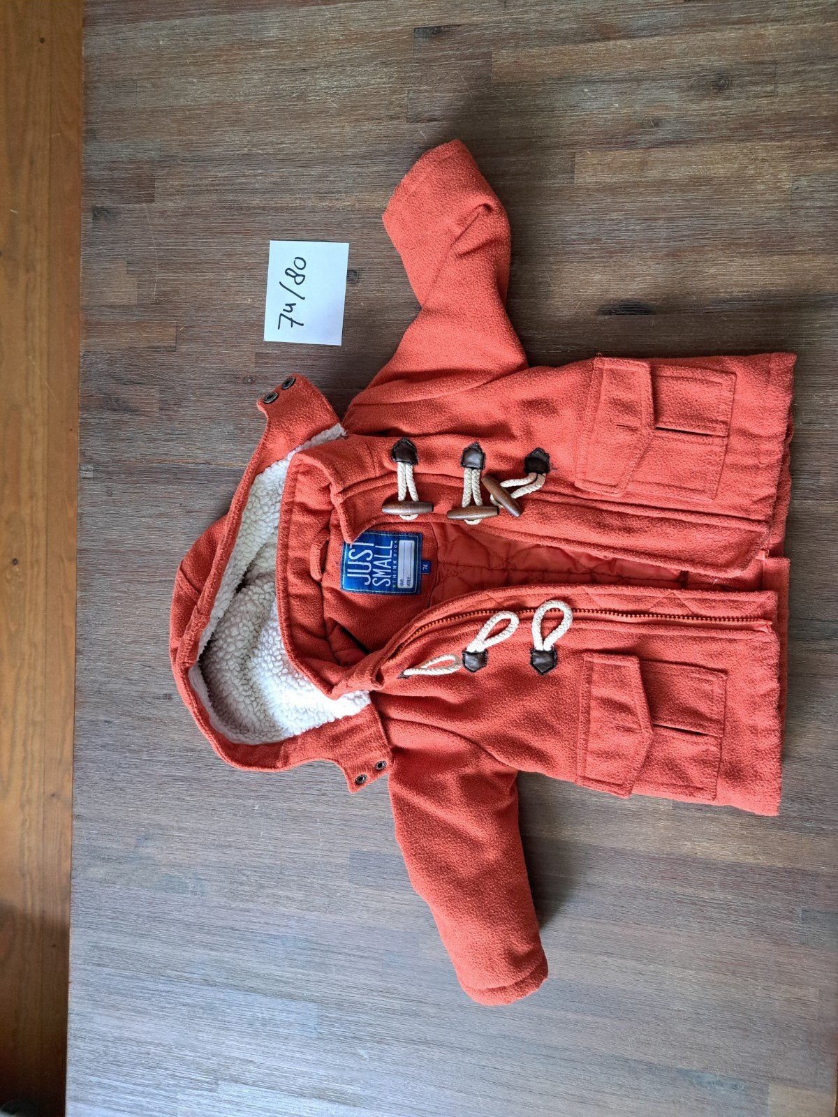 Oranje duffelcoat voor baby's, maat 74/80, Gebruikt, Jongetje of Meisje, Just Small, Ophalen of Verzenden