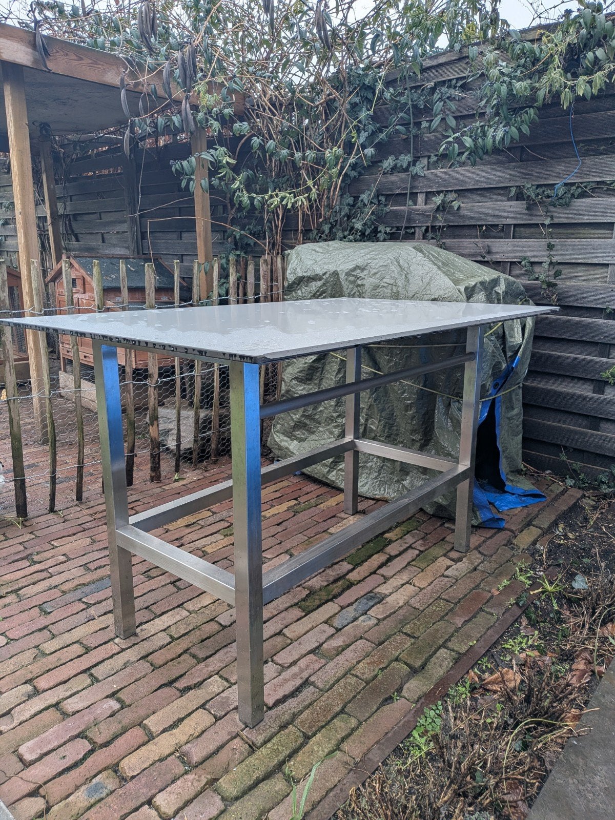 Horeca werktafel rvs onderstel met trespablad, Doe-het-zelf en Verbouw, Werkbanken, Ophalen, Zo goed als nieuw
