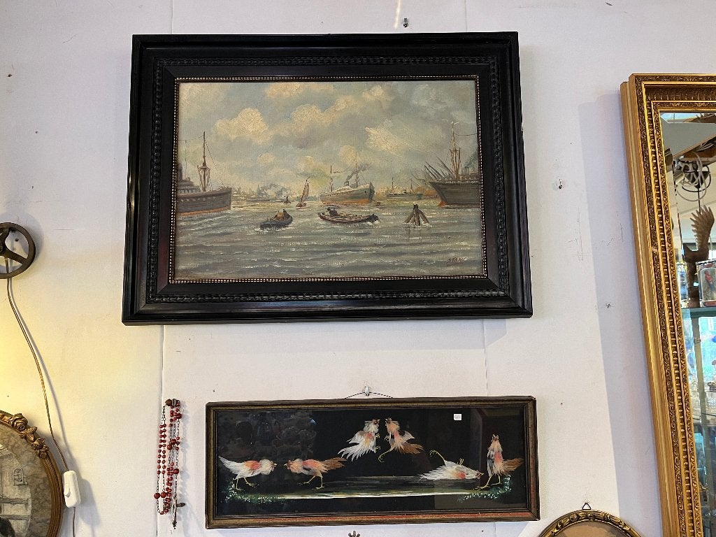 Groot schilderij met havengezicht, stoomboot, Ophalen, Klassiek, Olieverf, Maritiem / water