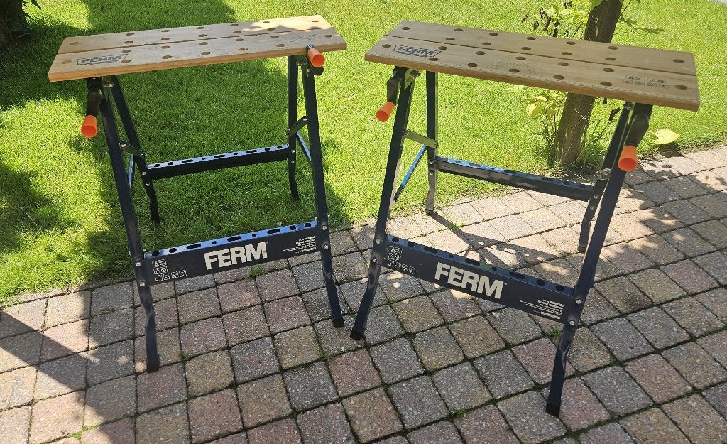 Set van 2 FERM Inklapbare Werkbanken – Schragen – zgan!, Ophalen of Verzenden, Zo goed als nieuw, Minder dan 70 cm, Bankschroef