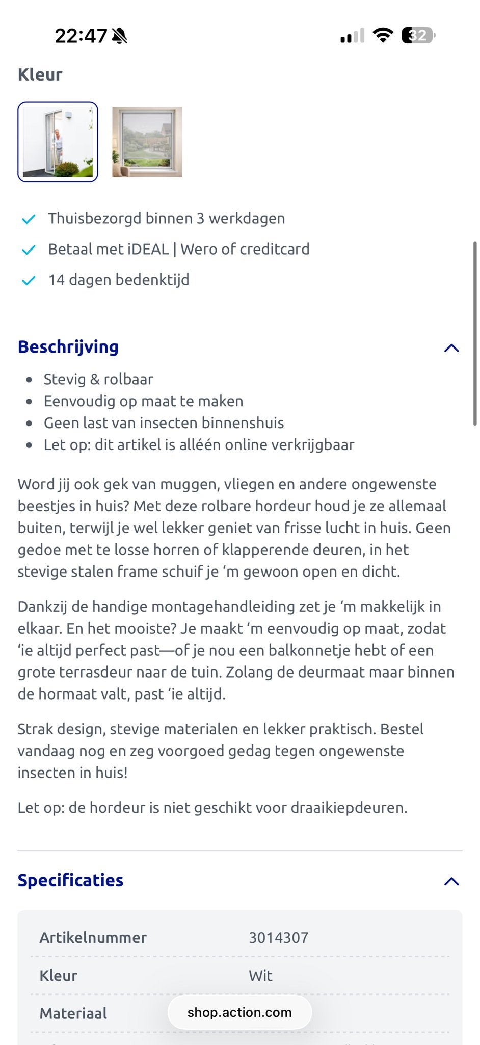 Nieuwe oprolbare hordeur 125x220 cm (wit), 100 tot 120 cm, 215 cm of meer, Hordeur, Nieuw