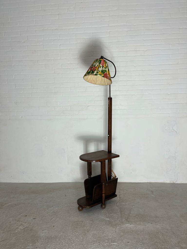 Vintage Staande Lamp met Lectuurbak - Hout & Bloemmotief, Ophalen, Geen, Vintage, Zo goed als nieuw
