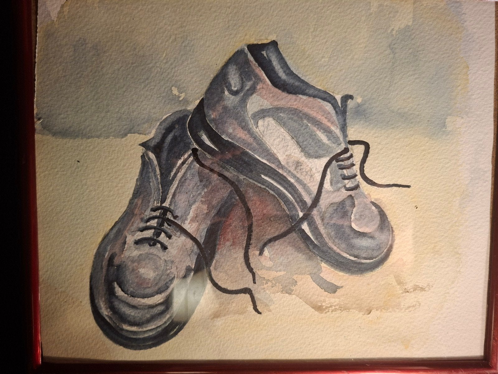Schilderij van schoenen - Aquarel, Antiek en Kunst, Kunst | Tekeningen en Foto's, Ophalen of Verzenden, Schilderij, Aquarel, Ingelijst