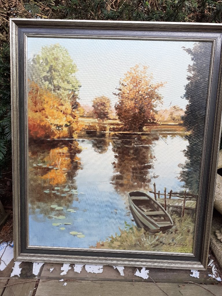 Groot olieverfschilderij "Aan de Franse rivier" gesigneerd, Doek, Realistisch, Bijzondere lijst, Ophalen of Verzenden