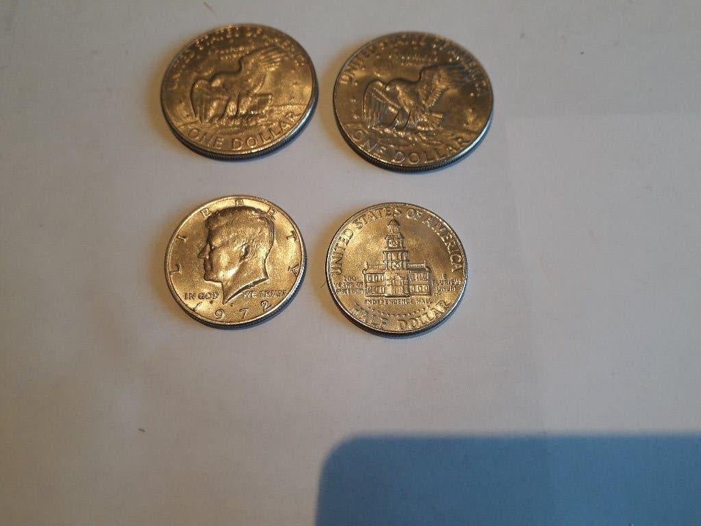4 AMERIKAANSE MUNTEN 2X HALF DOLLER + 2 X ONE  DOLLAR, Ophalen of Verzenden, Noord-Amerika, Losse munt