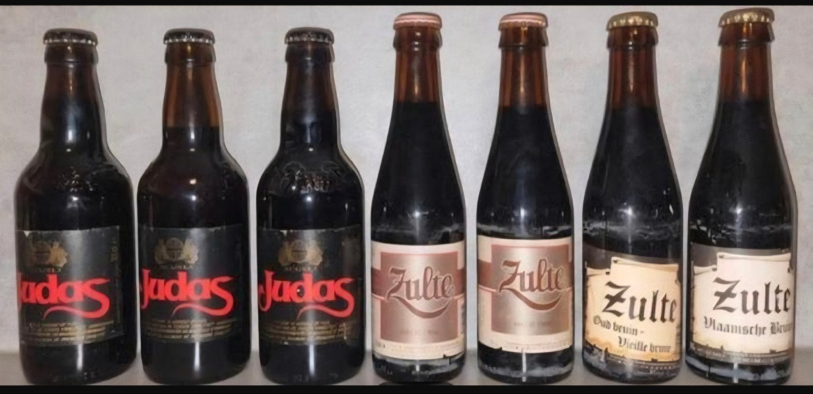 7 delige vintage set: Zulte (br. Zulte & Alken-Maes) + Judas, Verzamelen, Ophalen of Verzenden, Zo goed als nieuw, Flesje(s), Overige merken
