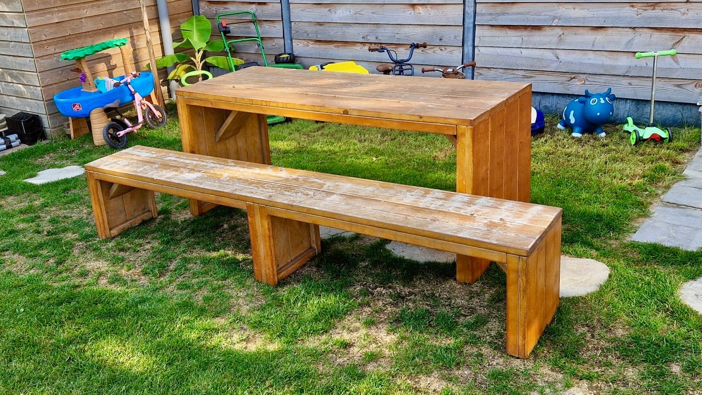 ROBUUSTE PRAKTISCHE STEIGERHOUTEN TUINSET BANK EN TUINTAFEL, Ophalen, Gebruikt, Rechthoekig, Hout