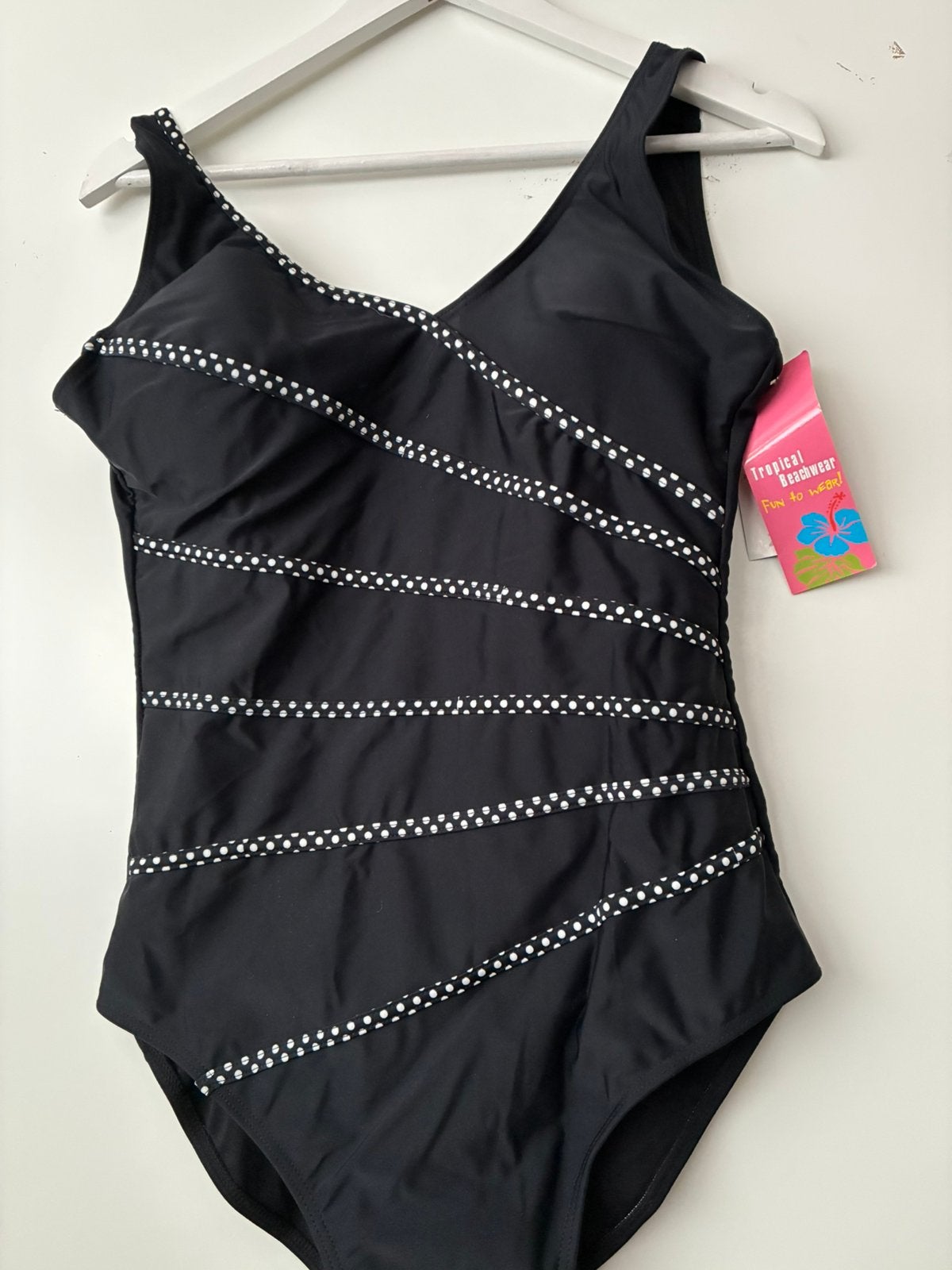 Nieuw badpak zwart bandjes wit stip polkadots op voorpand, Ophalen of Verzenden, Nieuw, Zwart, Badpak