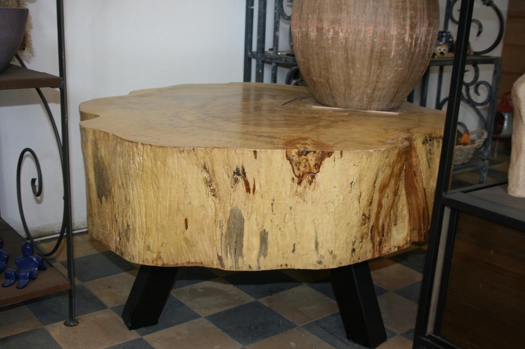 Handgemaakte eiken boomstam tafel met stalen poten, Huis en Inrichting, Ophalen, 50 tot 100 cm, Nieuw, 50 tot 100 cm