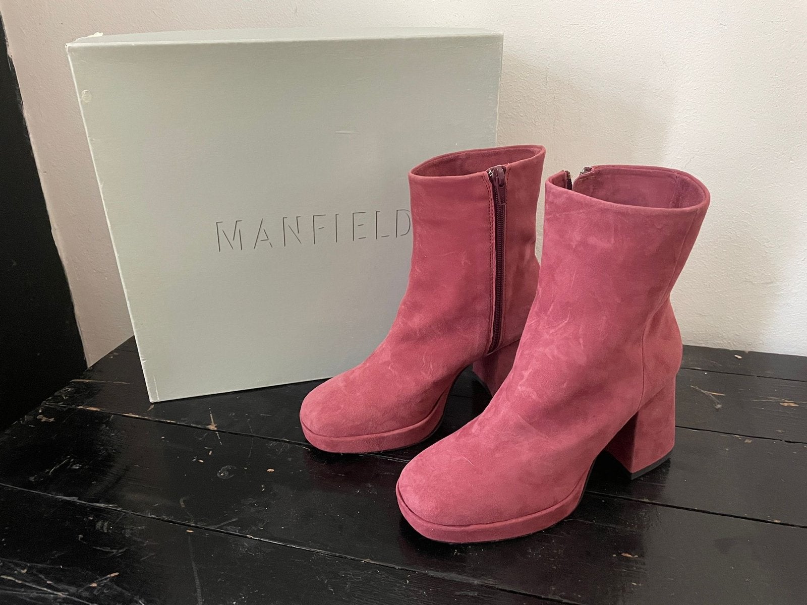 Manfield roze suède enkellaarzen maat 36, Ophalen, Zo goed als nieuw, Roze, Lage of Enkellaarzen