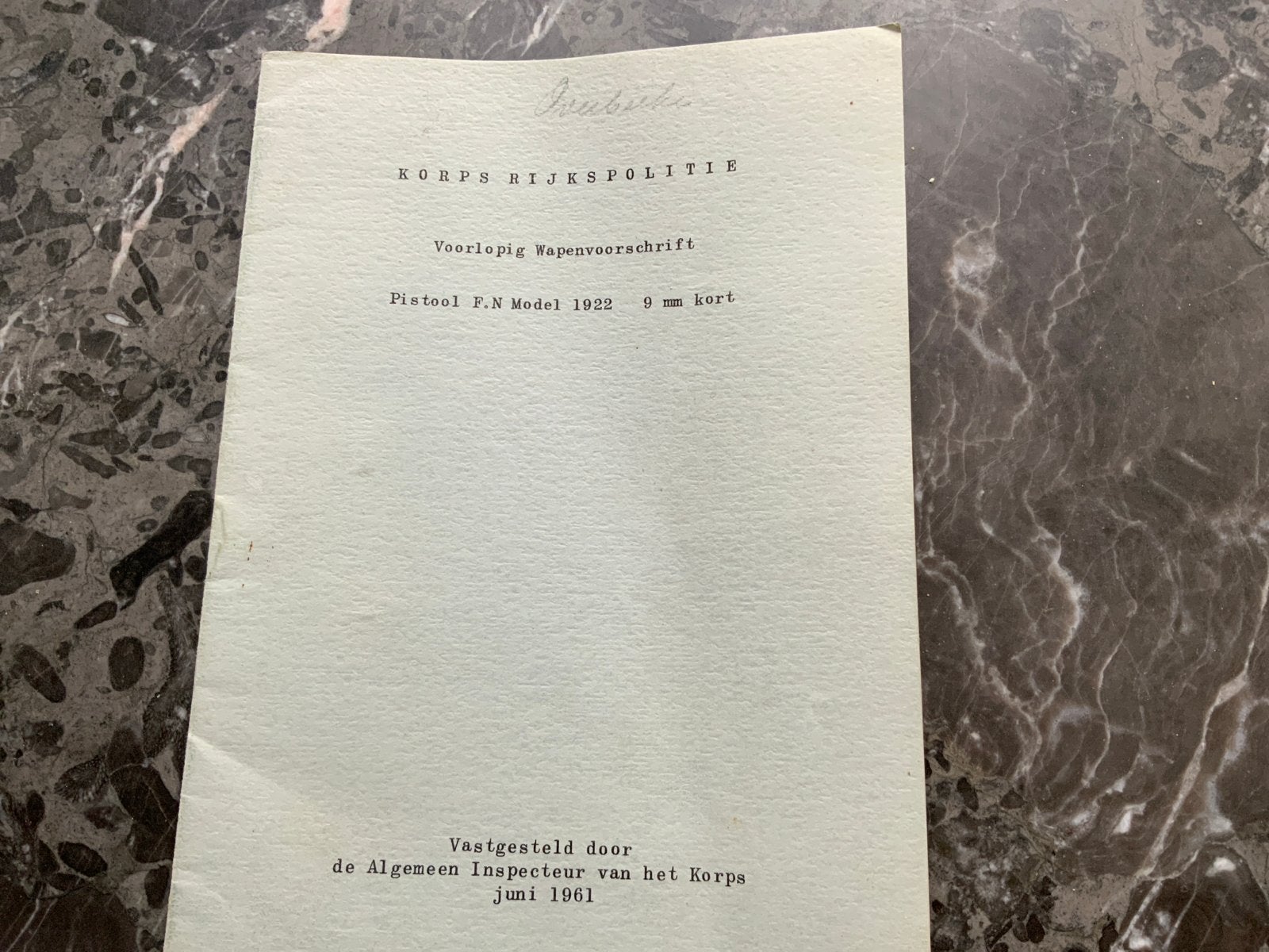 Rijkspolitie Wapenvoorschrift Pistool F.N. Model 1922, Verzenden, Gelezen, Overige onderwerpen