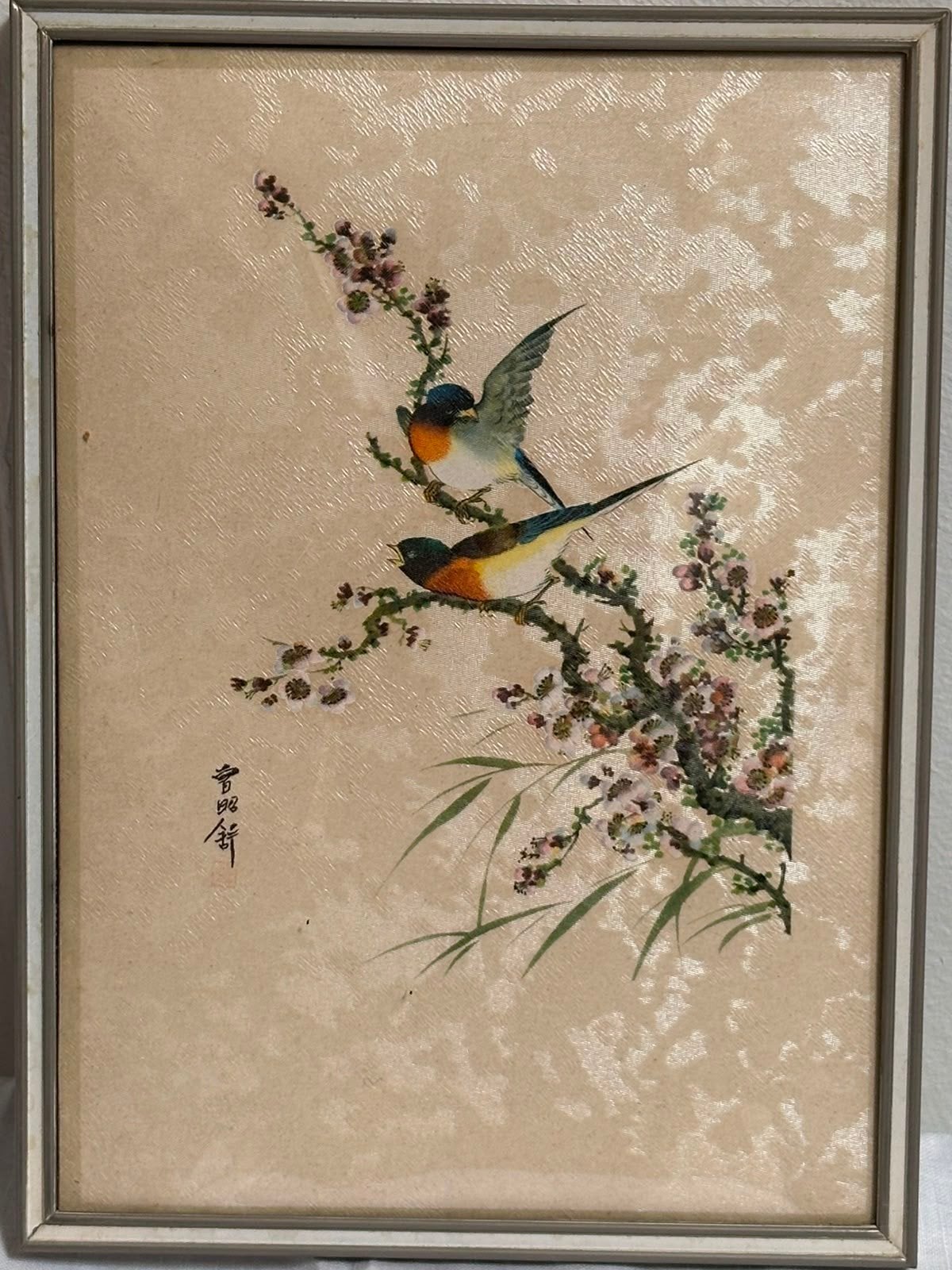Vintage Chinees schilderij vogels op tak op zijde jaren 1950, Ophalen