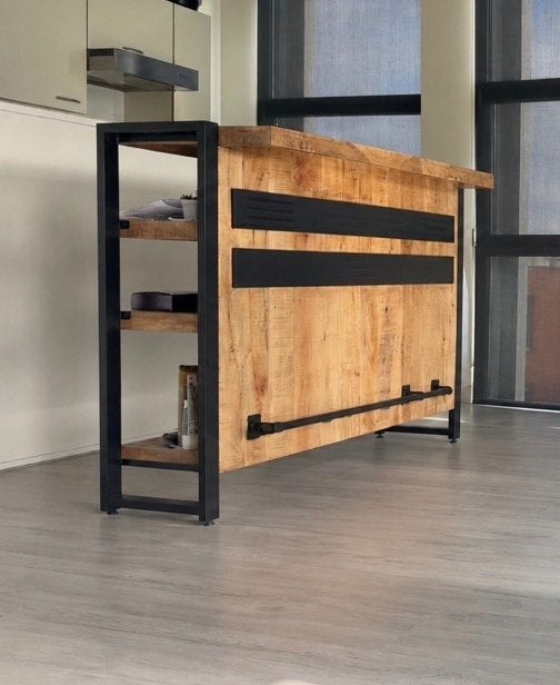 Industriële bartafel (mangohout), Huis en Inrichting, Barren, Ophalen, Zo goed als nieuw