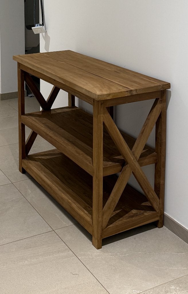 te koop gevraagd - teak houten sidetable met kruis opzij, Ophalen, 100 tot 150 cm, Sober landelijk, Teakhout