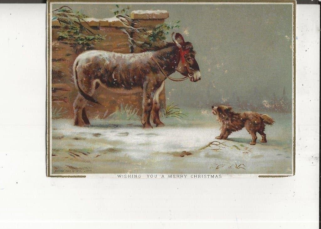 Wishing You a Merry Christmas Ezel en hond, Ophalen of Verzenden, Voor 1920, Ongelopen, Feest(dag)