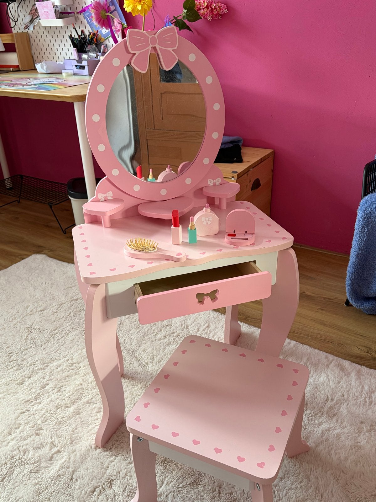 Roze Kaptafel voor met Krukje en Spiegel, Ophalen, Minder dan 50 cm, Zo goed als nieuw, Minder dan 100 cm
