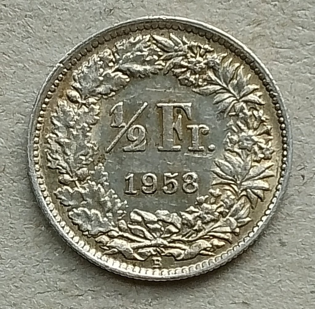 Zwitserland, 1/2 franc 1958, Postzegels en Munten, Ophalen of Verzenden, Overige landen, Losse munt, Zilver