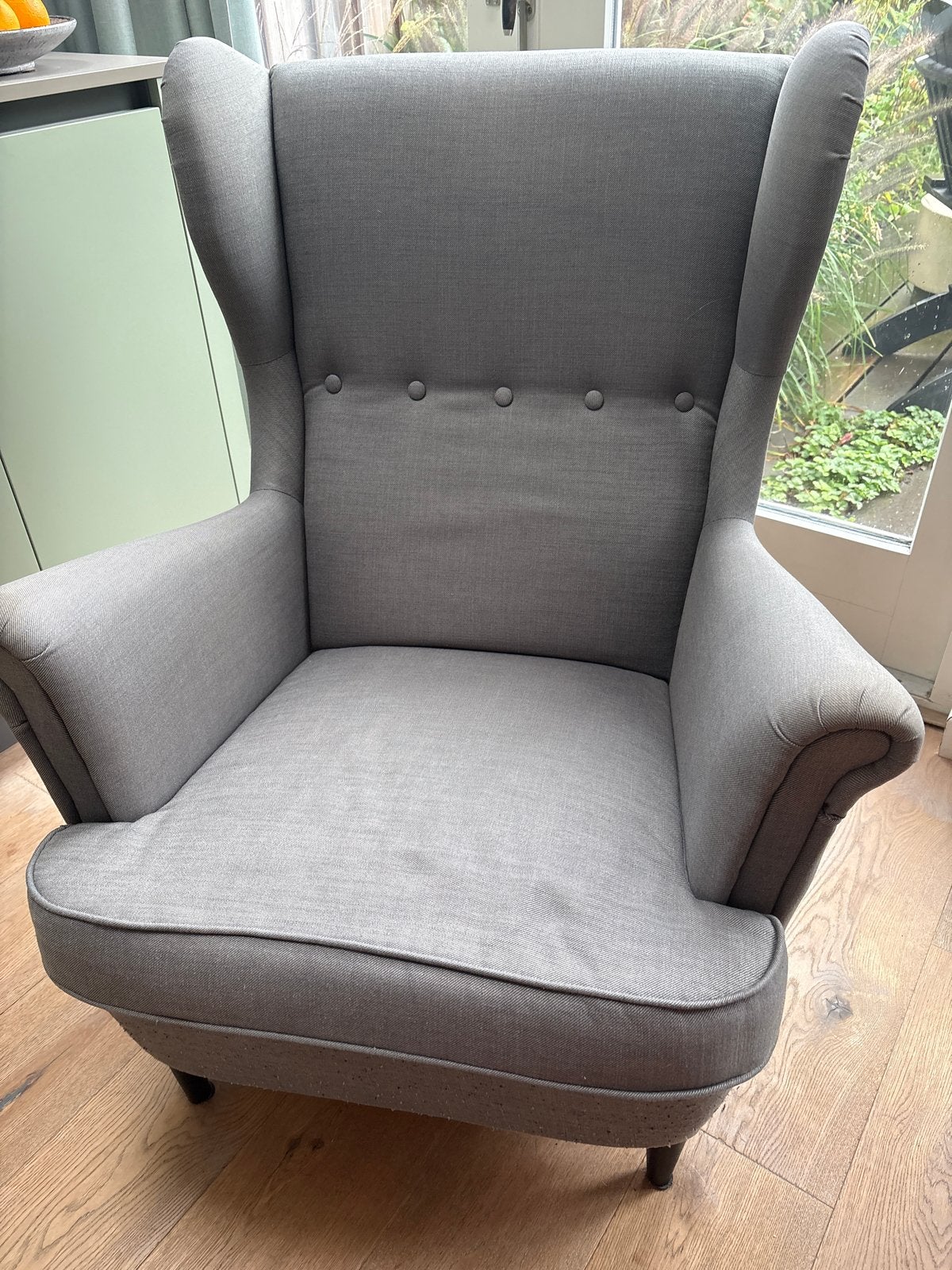 Grijze fauteuil Strandmon, Ophalen, Gebruikt, Stof, 75 tot 100 cm
