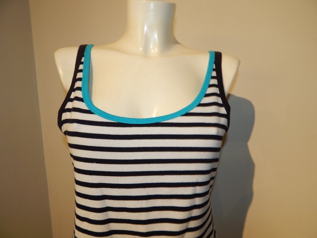 Marccain basis top zwart wit gestreept turquoise accent N6, Maat 42/44 (L), Zo goed als nieuw, Zonder mouw, Marccain