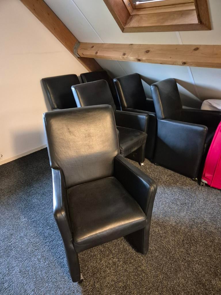 6 Zware Zwart Lederen Eetkamerstoelen, Huis en Inrichting, Stoelen, Ophalen, Gebruikt, Zwart, Leer