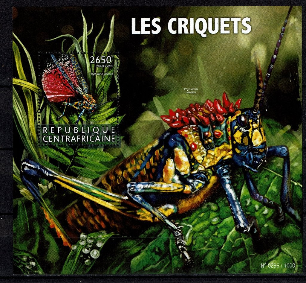 C.AFRIKA 2015 PF BLOK SPRINKHANEN NSECTEN INSECTS 1, Ophalen of Verzenden, Postfris, Dier of Natuur