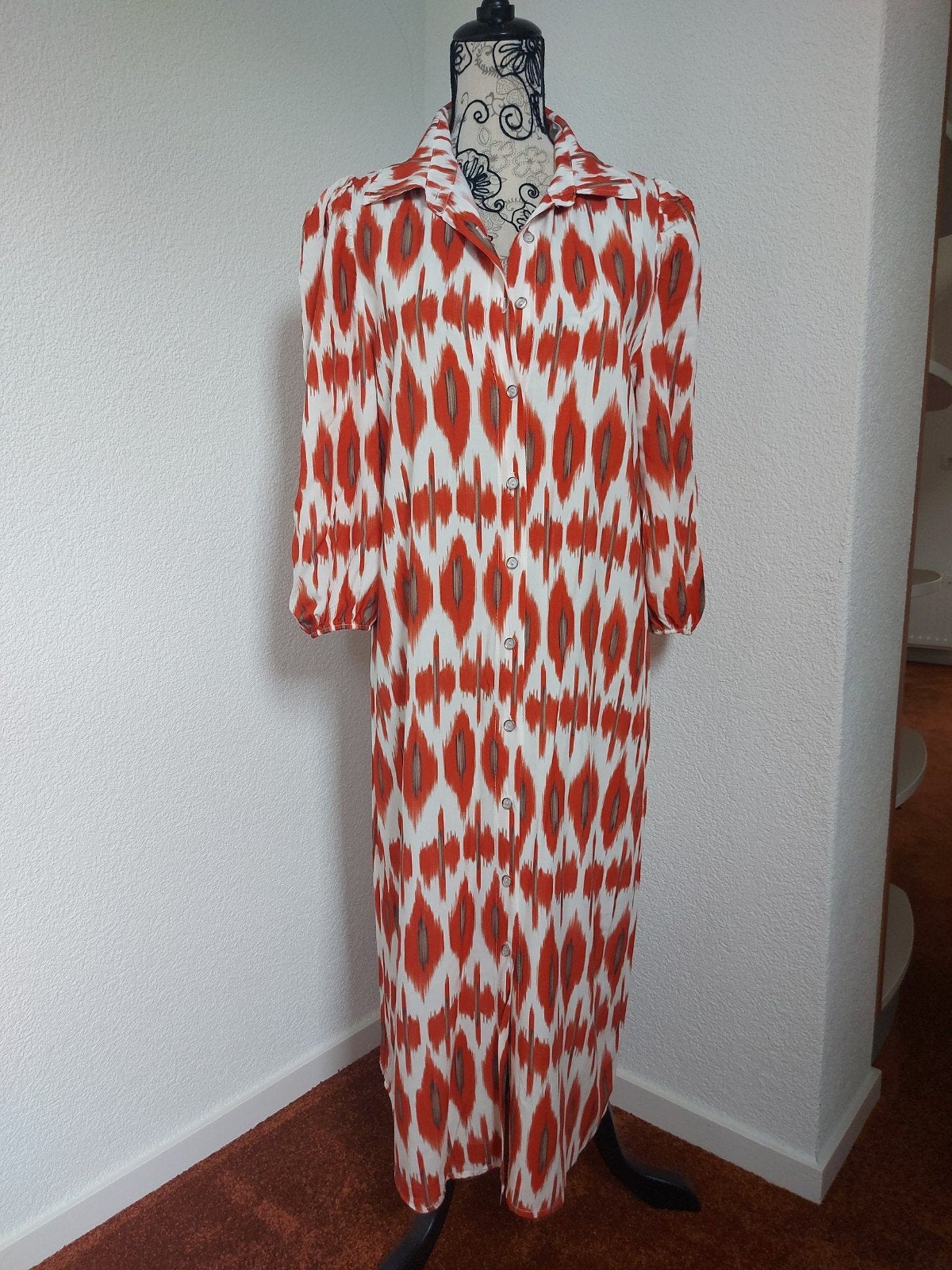 Chastar blousejurk L/XL brique/steenrood offwhite 3/4 mouw, Verzenden, Chastar, Maat 42/44 (L), Zo goed als nieuw