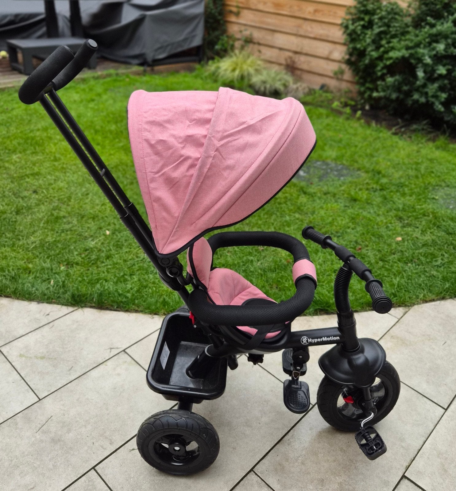 Roze HyperMotion driewieler met duwstang en zonnekap, Ophalen, Nieuw, HyperMotion, Duwstang
