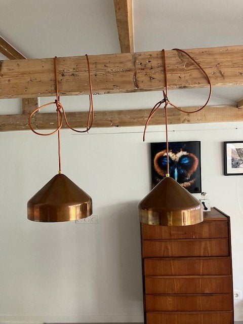Set van 2 koperen design hanglampen Lloop van label Vij5, Ophalen of Verzenden, Gebruikt, Metaal, Overige fittingen