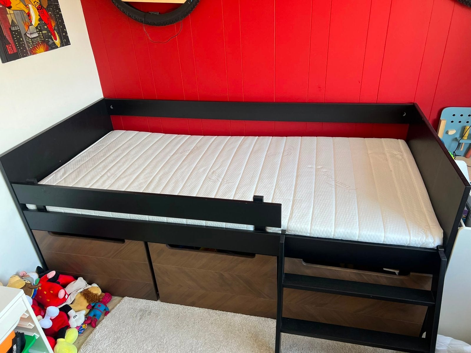 Zwart halfhoogslaper bed met opbergruimte en lattenbodem, Ophalen, 90 cm, Eenpersoons, Zwart