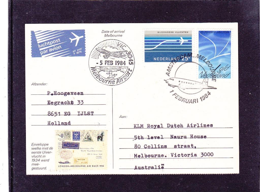 Luchtpost Londen-Melbourne herdenking (211,217), Verzenden, Briefkaart