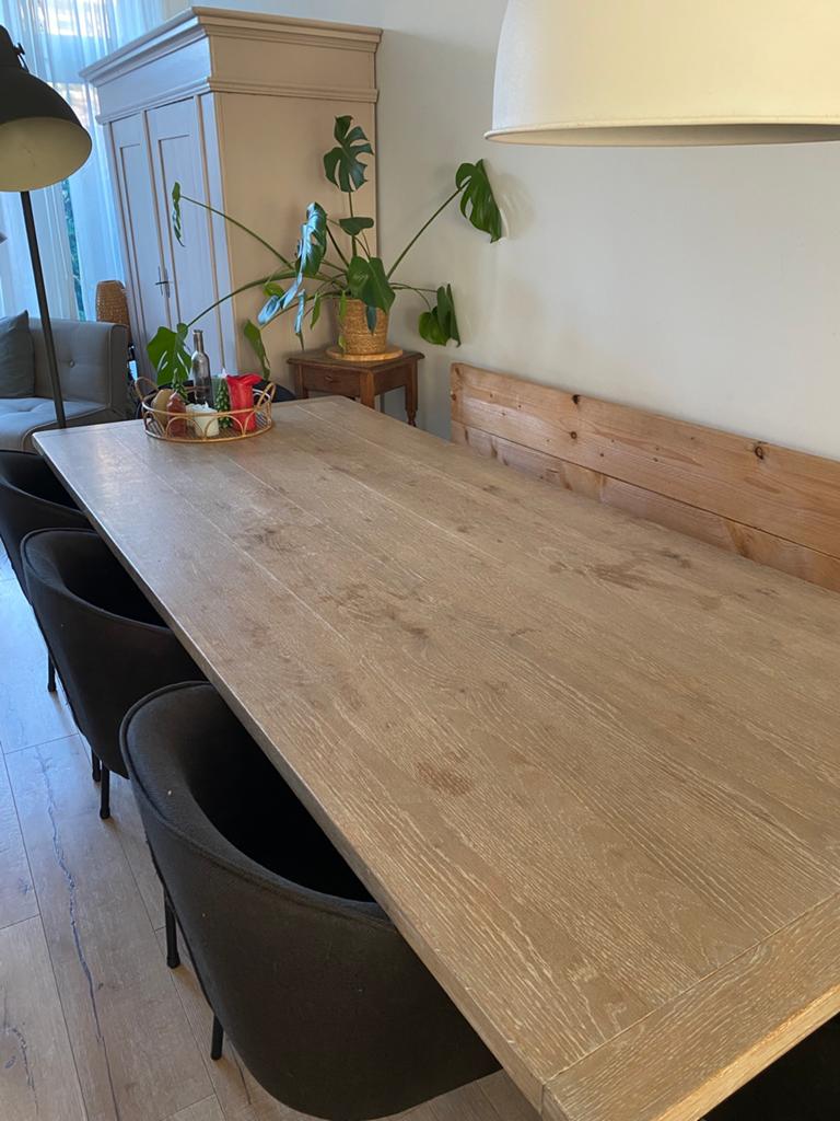 Eettafel 220 m, met stalen poten en evt. Bankje, Huis en Inrichting, Tafels | Eettafels, Ophalen, Gebruikt, 200 cm of meer, 50 tot 100 cm