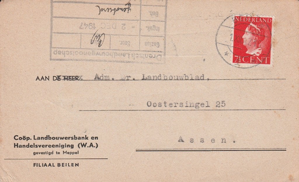 BEILEN 1947 Coop LANDBOUWERSBANK en Handelsvereeinging, Verzamelen, Ansichtkaarten | Nederland, Ophalen of Verzenden, 1940 tot 1960