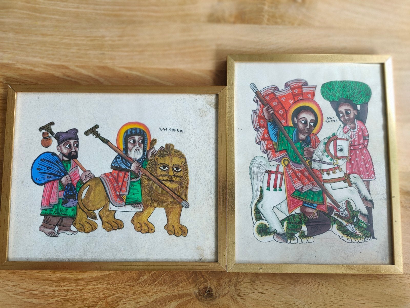 Set van 2 Handgeschilderde Ethiopische Iconen op Perkament., Ophalen, Schilderij, Geschilderd, Papier/karton